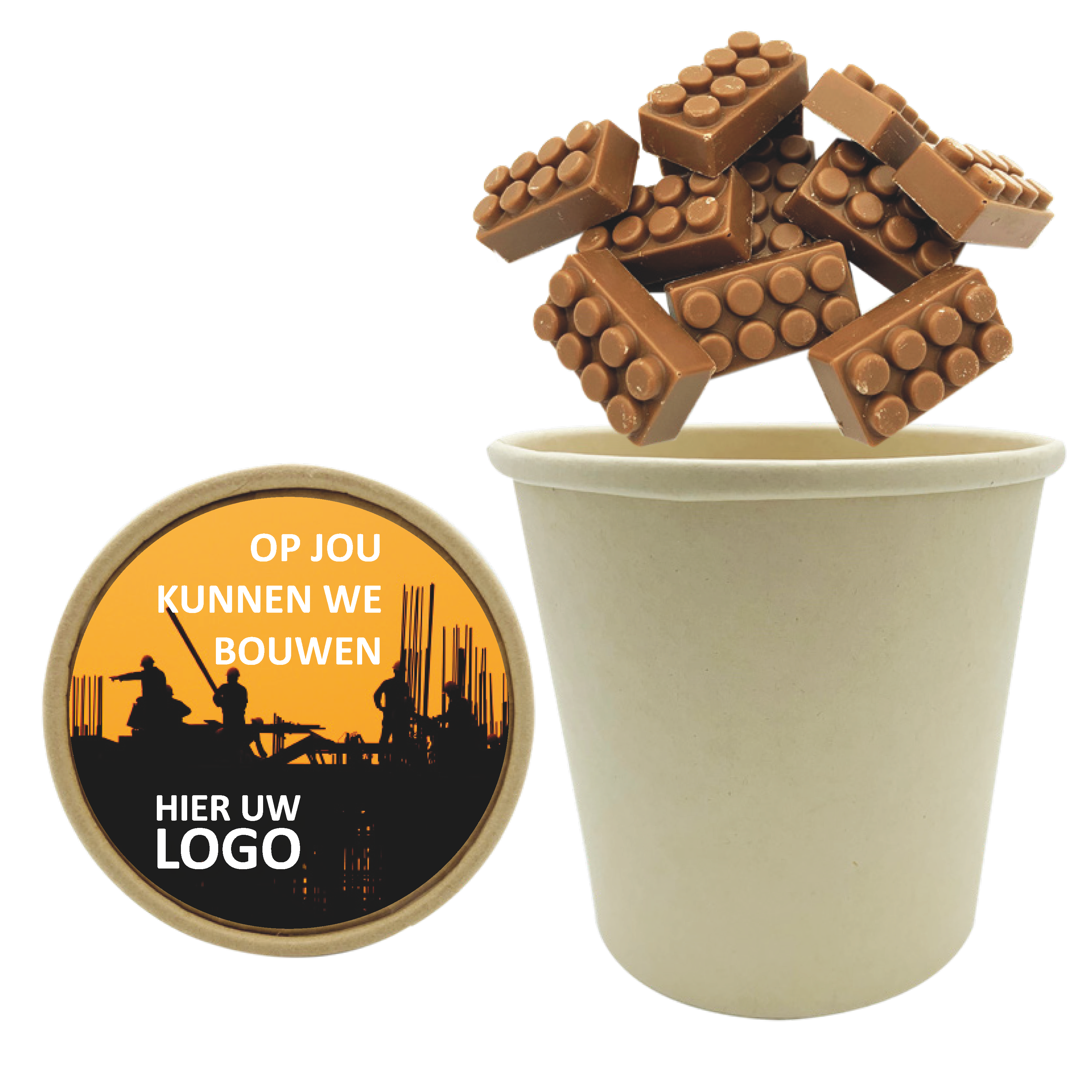 biobeker chocolade bouwblokjes, chocolade met een logo, legoblokje